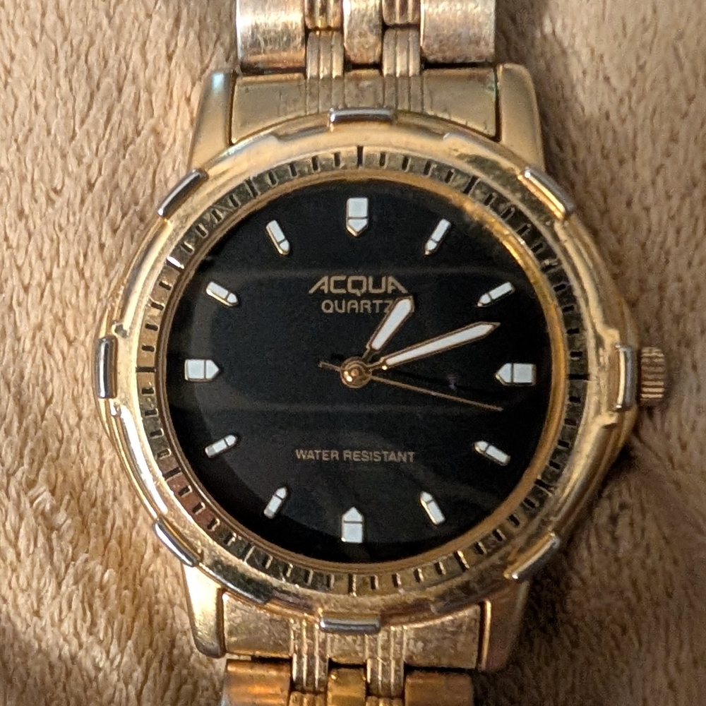 WORKING VINTAGE Acqua Watch Men Stainless Gold Steel Water Resistant Black Dial